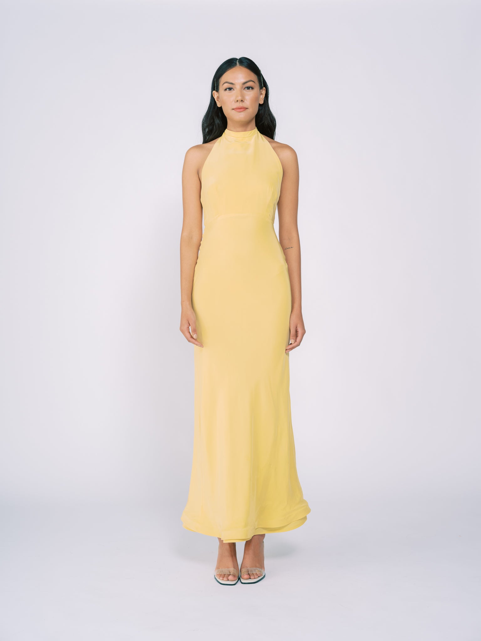Silk Halter Gown in Pale Yellow by Tanroh Womenswear – TANROH